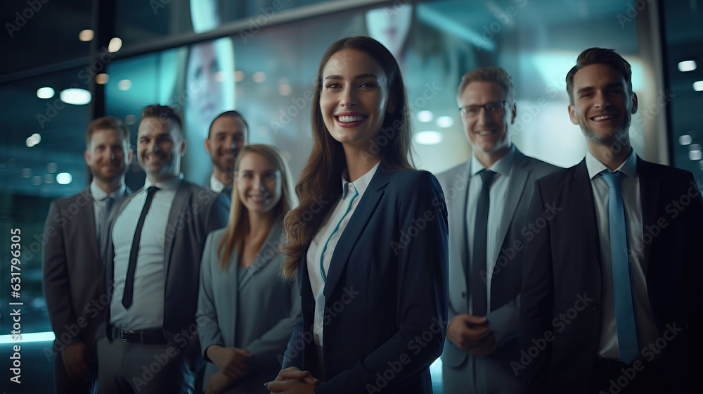 A Group of Business People Standing in Front of a Window in a Building at Night Time. Technology Workers. Happy Team of Workers. Business Suits. Professional Systems. Concept of Teamwork. A Group of Business People Standing in Front of a Window in a Building at Night Time. Technology Workers. Happy Team of Workers. Business Suits. Professional Systems. Concept of Teamwork.