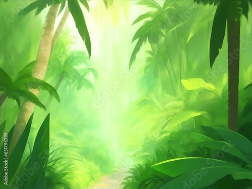 Dense forest illustration with palm trees and tropical trees. Watercolor artwork of the interior of a rainforest.