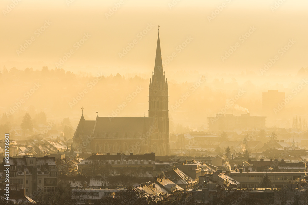 Morning view of Graz in Austria with the church Herz-Jesu-Kirche