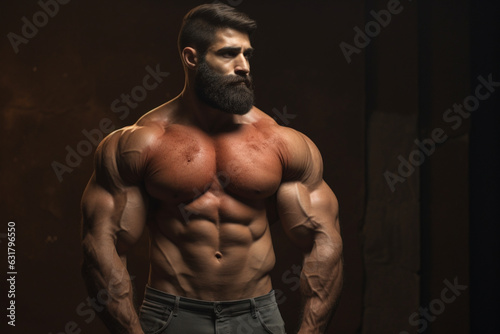 Unrecognizable bodybuilder man shows strong muscles