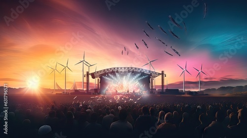 An image of a concert powered by wind turbines and solar panels, representing the shift towards eco-friendly event planning. Generative AI © Sebastián Hernández