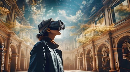 An image of a person exploring a museum through virtual reality glasses, representing the rise of virtual tours in museums. Generative AI