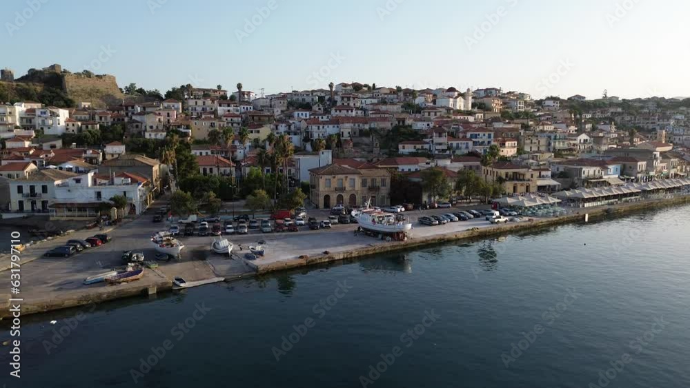 Aerial view over Koroni seaside city at sunset. Koroni, Messenia, Greece Aerial view over Koroni seaside city at sunset. Koroni, Messenia, Greece