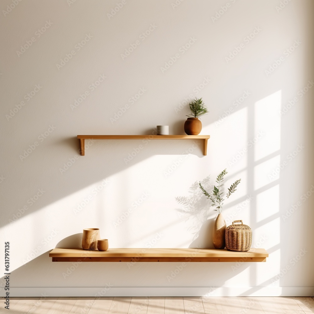Wood floating shelf on white wall. Storage organization for home. Interior design of modern living room. Wood floating shelf on white wall. Storage organization for home. Interior design of modern living room.