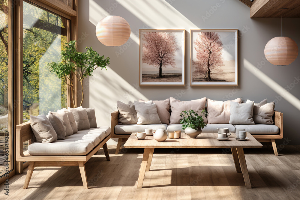 Rustic sofa near grey wall with two frames against big window. Scandinavian, rustic home interior design of modern living room. - obrazy, fototapety, plakaty 