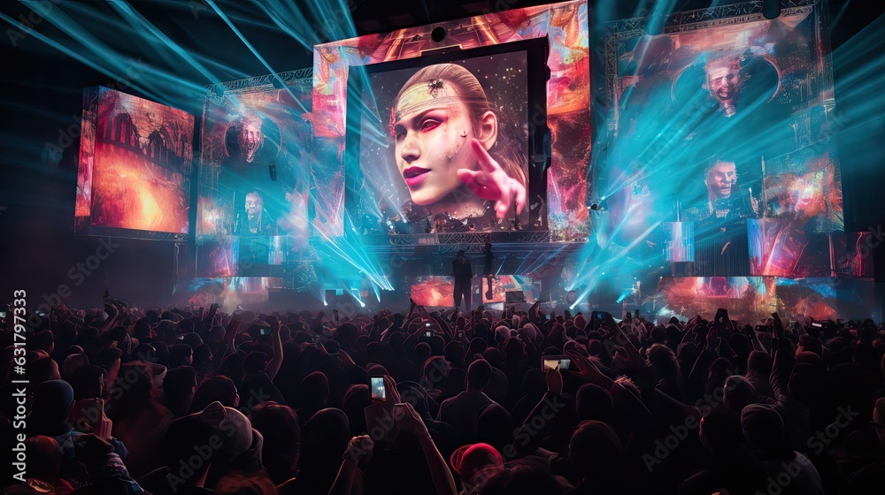 An image of a lively crowd at a festival with holographic screens, symbolizing the fusion of tradition and technology in cultural celebrations. Generative AI