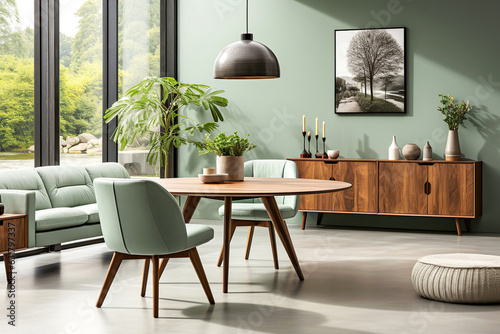 Mint color chairs at round wooden dining table in room with sofa and cabinet near green wall. Scandinavian, mid-century home interior design of modern living room. photo