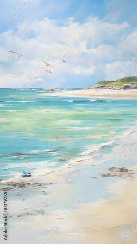 Oil color painting of wild sandy shore with birds flying view hd phone wallpaper ai generated