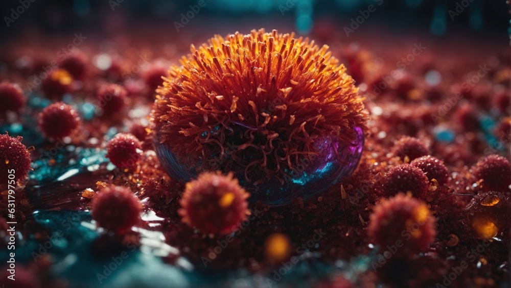 Lots of symbolic viruses in red cellular back. Ai generated. Lots of symbolic viruses in red cellular back. Ai generated.
