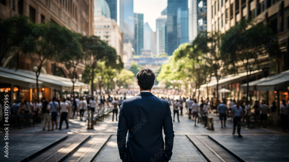 backside of middle age man walking in the asia  street business district background. 