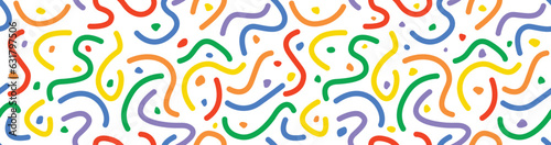 Simple vector childish seamless pattern. Playful creative modern abstract shapes. Kid education design. Rainbow colors red orange yellow green blue purple. Line stroke can change. Light elegant doodle