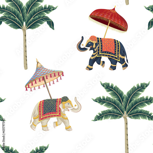 Indian whitened black  elephants with umbrella seamless pattern. Oriental vintage wallpaper.
