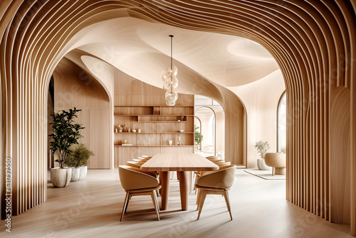 Fototapeta Minimalist interior design of modern dining room with abstract wood paneling arched wall