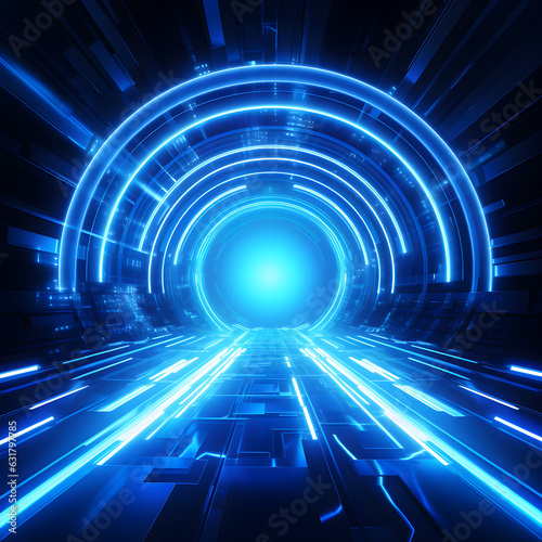 Blue neon background, cyber space, tunnel, glow, lights, space, another universe