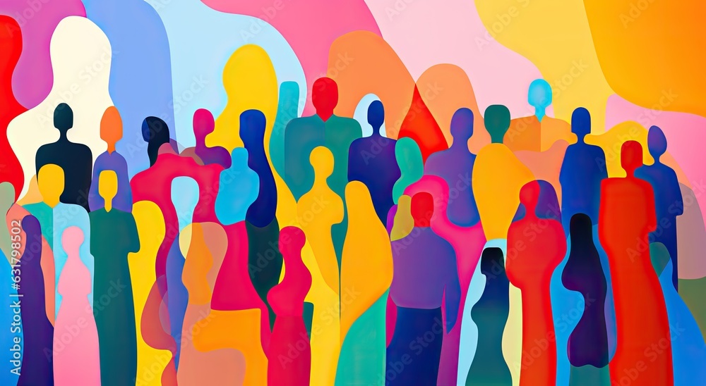 Colorful silhouettes of a diverse and multicultural community. Illustration of a multiethnic group of people.