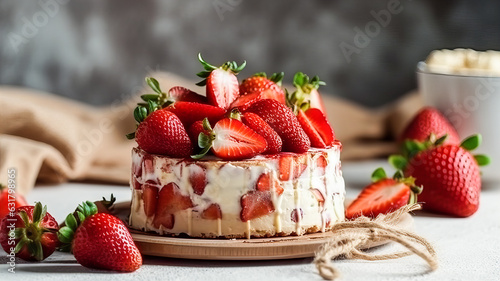 Strawberry cake with wrapped cream and fresh strawberries on a dark background. Generative AI technology.