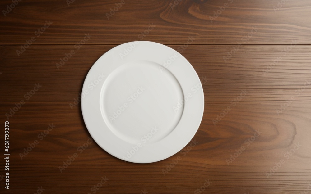 white plate seen from above on wooden table white plate seen from above on wooden table