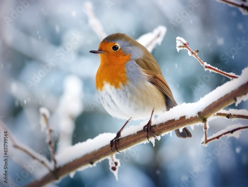 Canvastavla A robin on a branch in the snow