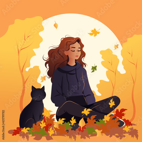 Vector illustration in cartoon style. A young pretty woman with a black cat sits in an autumn park on fallen yellow foliage.

