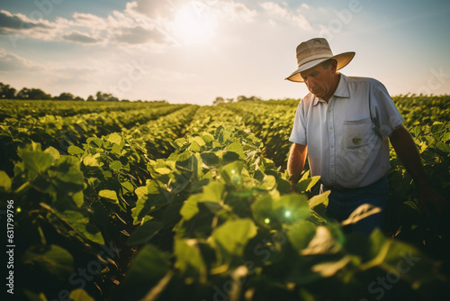 Unrecognizable male farmer standing in soybean plants rows © alisaaa