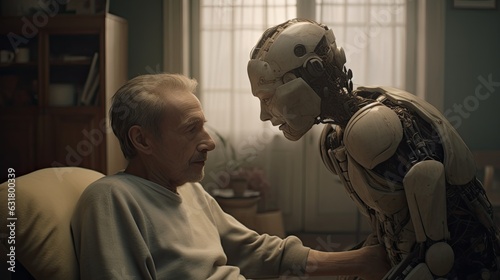 Ai Humanoid assistant with uman face take care of an elderly person. The future of aged care? photo