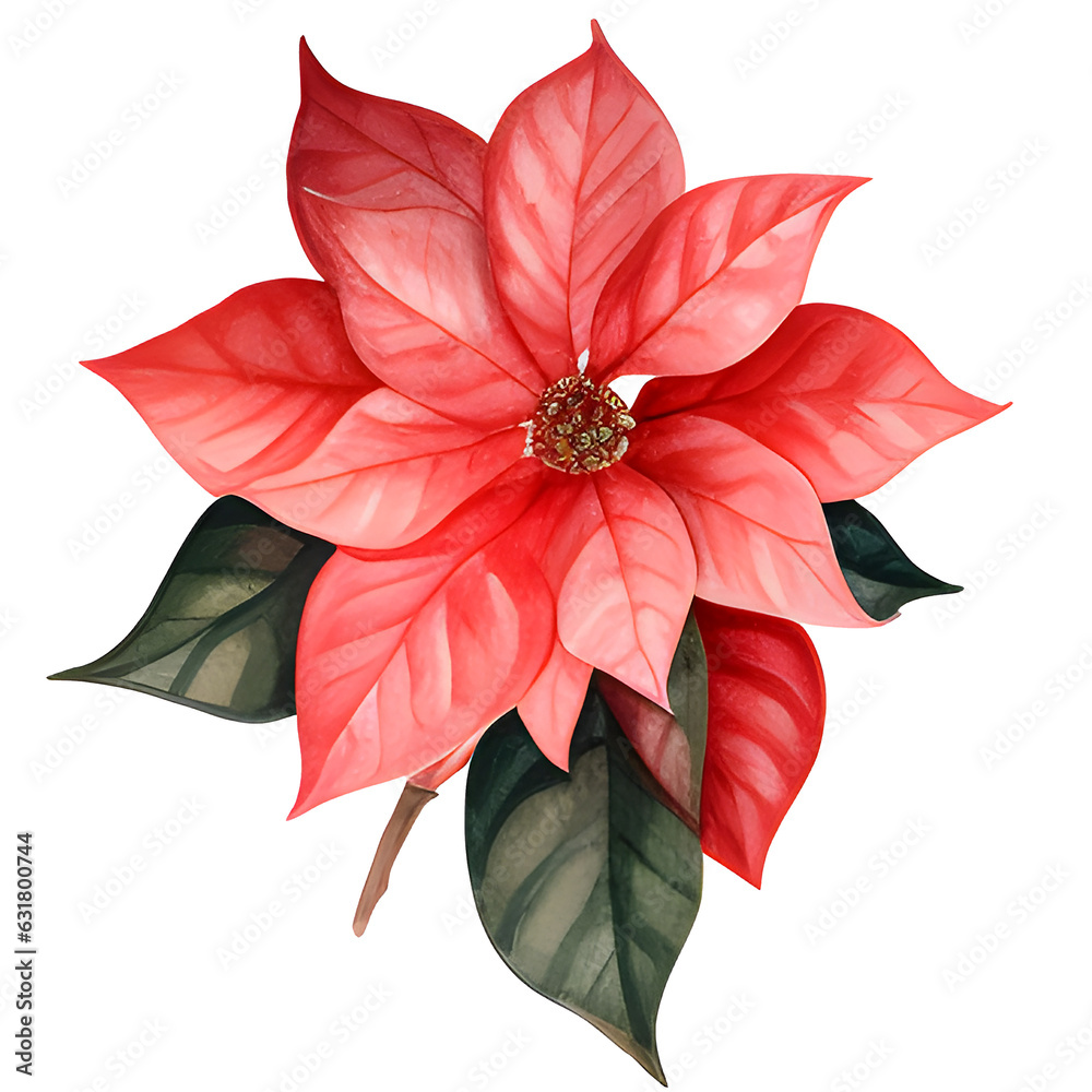 Single red Watercolor poinsettia flower with leaf christmas illustration