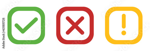 Right wrong and exclamatory symbol icon set in black and white. Right, Wrong, Exclamation Vector set of flat check mark, X mark icons, exclamation point. Checkmark, exclamation in square. 