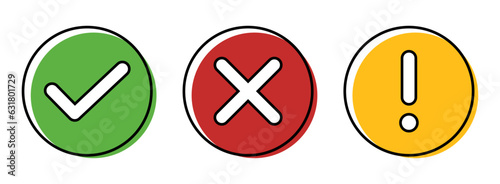 Right wrong and exclamatory symbol icon set in black and white. Right, Wrong, Exclamation Vector set of flat check mark, X mark icons, exclamation. Checkmark, exclamation circle with color and strokes