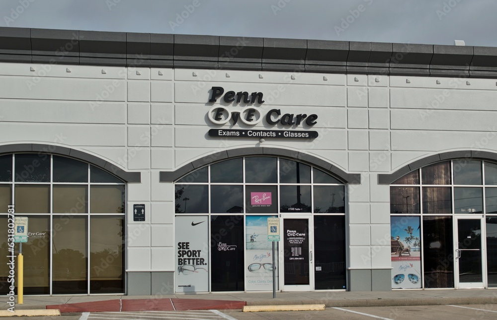Penn Eye Care business storefront exterior in a Houston, TX strip mall