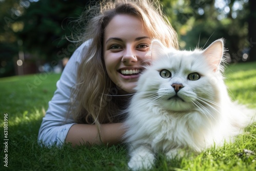 laughing woman and her cat lying on the drass together, top view, AI Generated photo