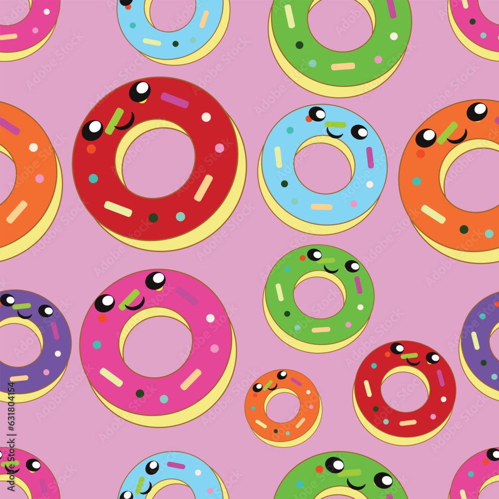 Cute donut kawaii with eyes and mouth seamless pattern. Cute donut kawaii with eyes and mouth seamless pattern.