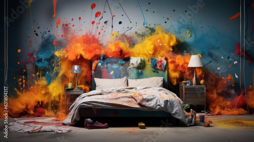 colorful ink mess on bed and whole bedroom