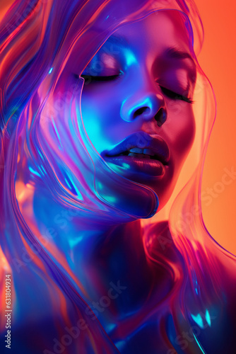 Creative fluid close-up composition of a beautiful woman's face illuminated by colorful neon lights. Generative AI.