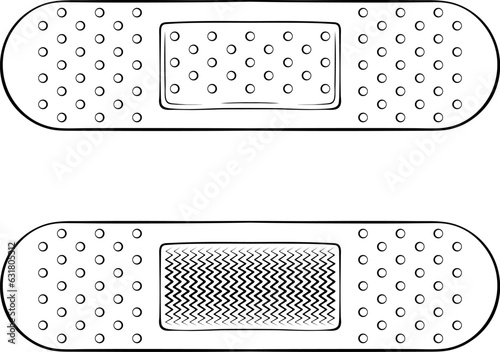 Medical bactericidal plaster. Adhesive bandage medical elastic patch. Vector illustration in hand drawn sketch doodle style. Black graphic isolated on white. Front and back side