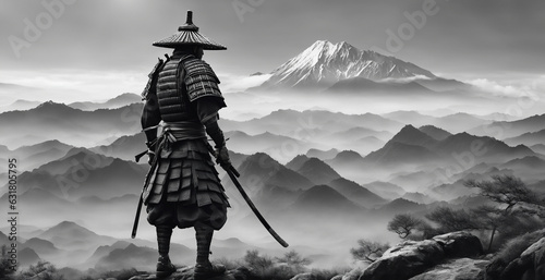 immagine primo piano di antico guerriero samurai che osserva una vallata nebbiosa e montagne all'orizzonte photo