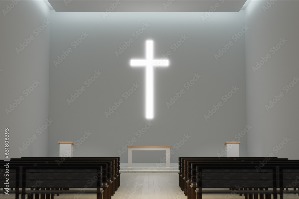 Generic modern church interior 3d rendering, large glowing christian cross. Contemporary pray house illustration, religious themes