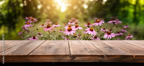 Empty rustic old wooden boards table copy space with Echinacea or coneflower plants in background. Product display template. Generative AI © Lubo Ivanko