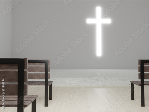 Obraz na plátne Generic modern church 3d rendering, large glowing christian cross above empty scene