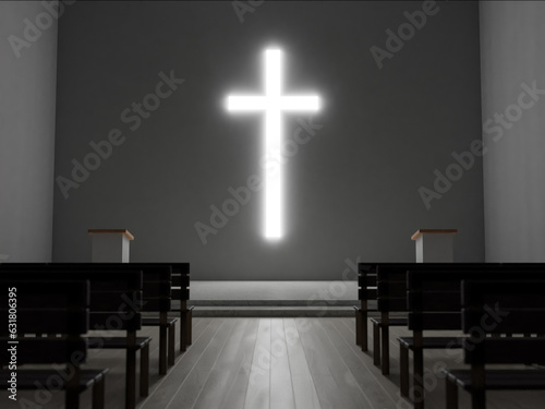 Generic modern church 3d rendering, large glowing christian cross in dark interior. Contemporary pray house illustration, religious themes