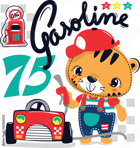Cute cartoon tiger wearing red hat and overalls with a red car, Gasoline boy vector illustration.