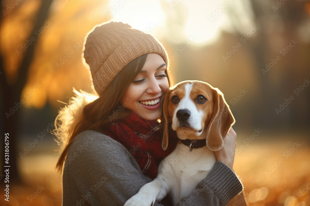 young adult woman holding her beagle , outdoor autumn park, AI Generated young adult woman holding her beagle , outdoor autumn park, AI Generated
