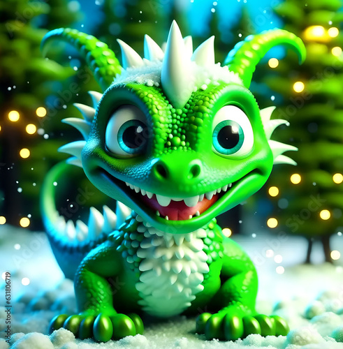 Cartoon painted green dragon, with big eyes, smiling on the background of a Christmas tree. © ALENA