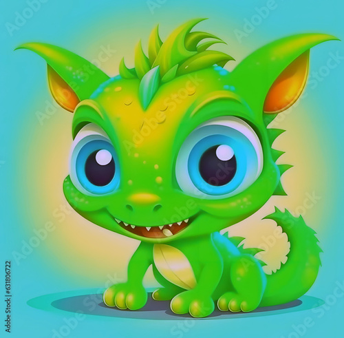 Cartoon painted green dragon, with big eyes, smiling on a blue background.