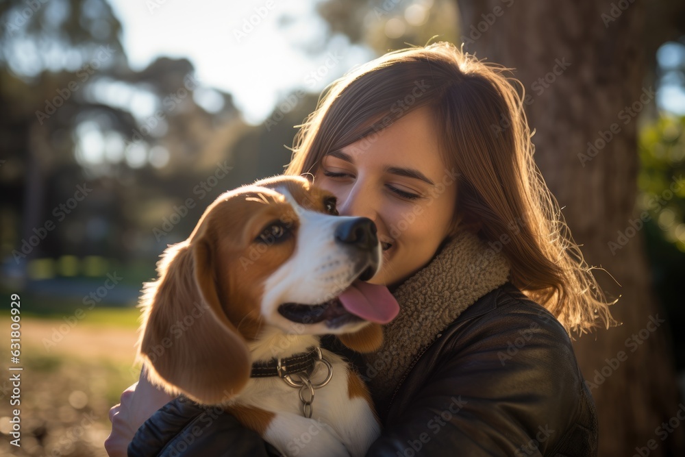 young adult woman holding her beagle , outdoor autumn park, AI Generated young adult woman holding her beagle , outdoor autumn park, AI Generated