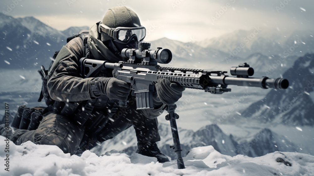 soldier in the mountains with a machine gun with an optical sight close ...