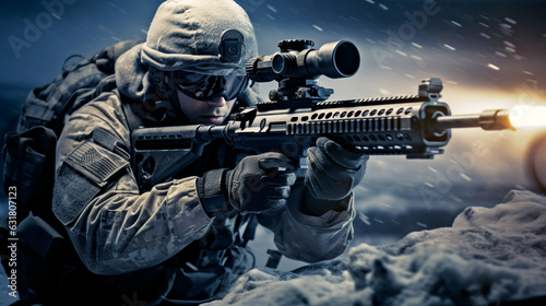 soldier in glasses with a machine gun with an optical sight close-up. Generative Ai.