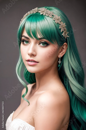 Portrait of young woman with green hair.Digital creative designer fashion glamour art