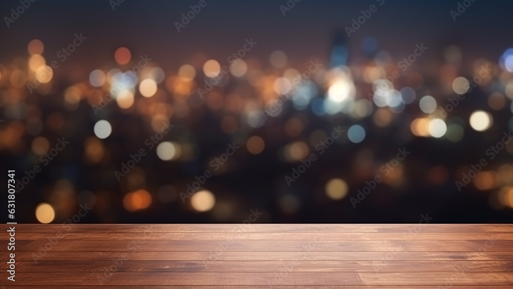 Empty wooden table with city night view background, for product display Empty wooden table with city night view background, for product display