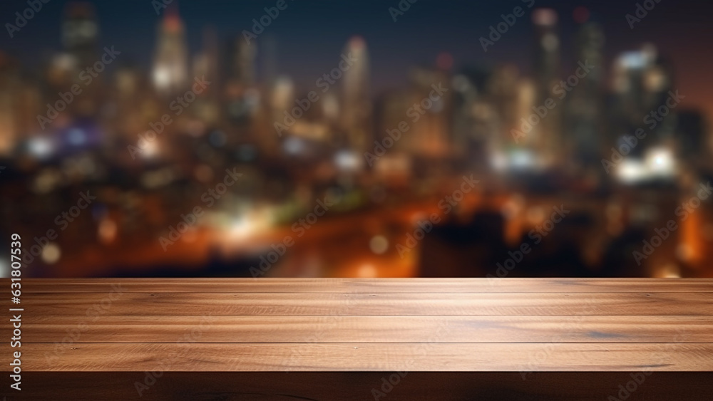Empty wooden table with city night view background, for product display