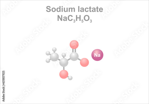 Sodium lactate. Simplified scheme of the molecule. Use in cosmetic, food and pharma industry.